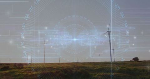 Digital Interface Over Wind Turbine Field About Renewable Energy Innovations