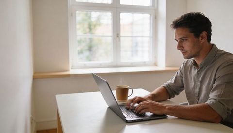Focused man typing on laptop at minimalist daylight workspace with coffee mug