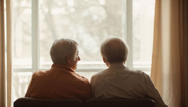 Elderly couple sitting together looking out bright window sharing quiet morning moment