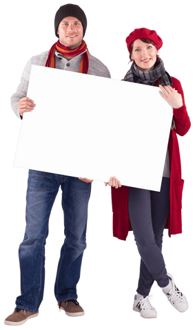 Happy Couple in Winter Clothing Holding Large Blank Transparent Sign