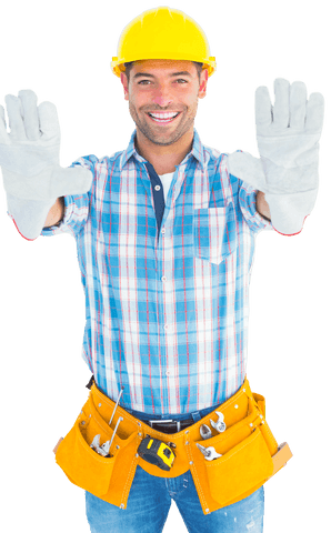 smiling construction worker with tool belt raising hand in transparent background - Download Free Stock Videos Pikwizard.com