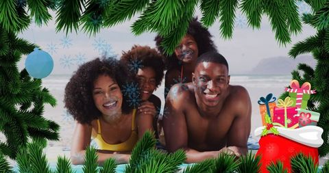 Family enjoying beach vacation with a festive holiday twist