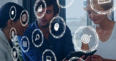 Three colleagues collaborating over tablet with digital analytics icons and strategy