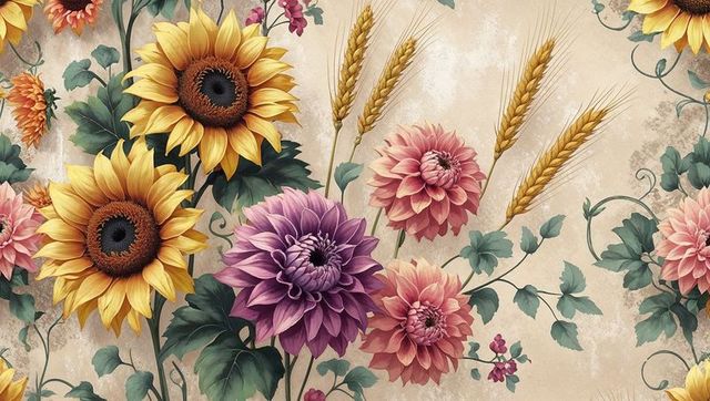 Vintage floral illustration with sunflowers and dahlias on parchment