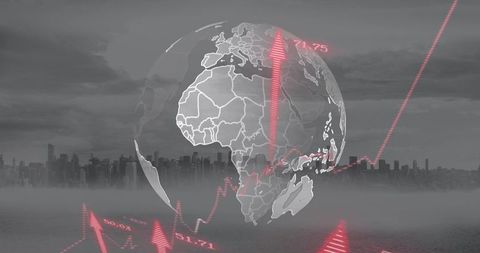 Global market rising over foggy city skyline with transparent globe and red growth arrows
