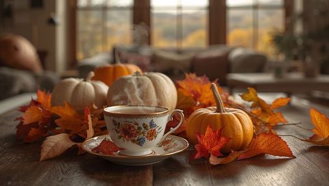 Steaming porcelain teacup sitting among pumpkins and autumn leaves in cozy living room