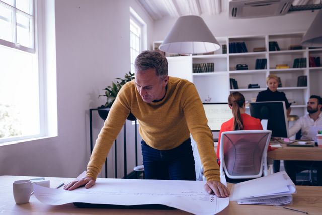 Businessman intensely reviewing architectural plans in a modern office with colleagues working in the background. Ideal for use in articles about business planning, teamwork, office environments, and professional workspaces.