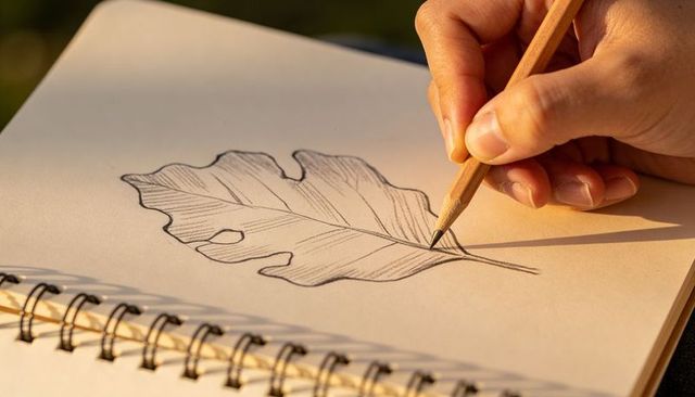 Hand drawing leaf sketch with wooden pencil on sunlit spiral sketchbook