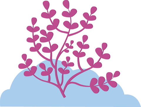 Magenta stems and leaves rising from blue mound on transparent background