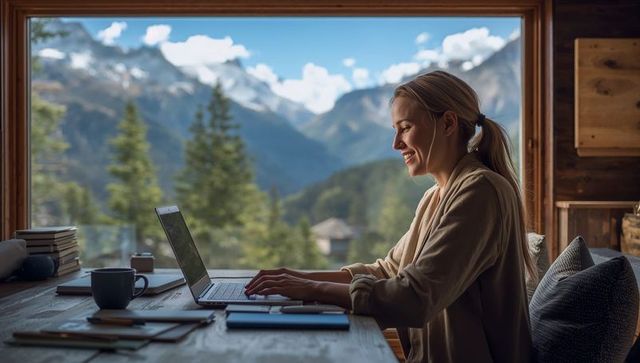Woman working remotely on laptop in cozy mountain cabin with panoramic window view