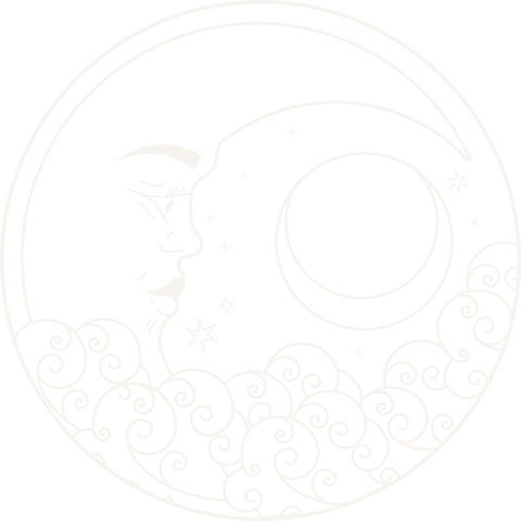Transparent lunar crescent embracing stars and swirling clouds