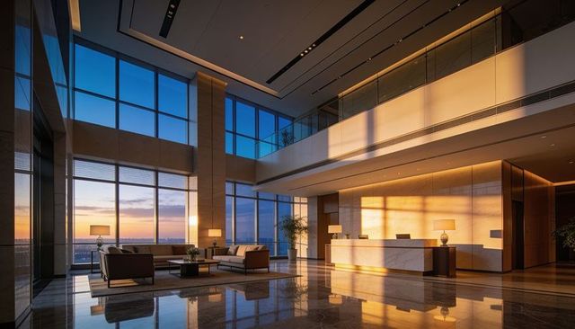 Sunset-lit luxury hotel lobby with double-height windows, marble reception, mezzanine