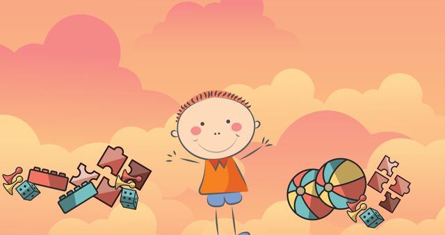 Illustration of a cheerful child surrounded by colorful toys, set against an orange, dreamy sky with clouds. Perfect for use in children's books, educational materials, kids' websites, preschool posters, and playful event invitations aiming to capture a sense of joy and imagination. The whimsical, cartoon style enhances its appeal for young audiences and family-oriented projects.