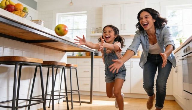 Laughing mother and daughter chasing airborne apple in bright modern kitchen