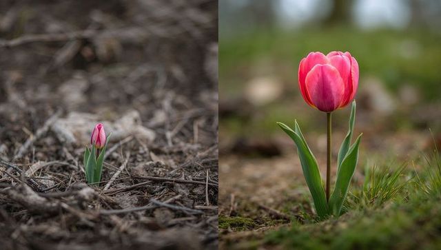 Diptych of pink tulip bud and open bloom rising from mossy garden floor