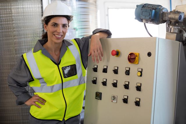 Female technician wearing safety gear stands confidently by a control panel in an oil factory. Ideal for use in articles or advertisements related to industrial work, manufacturing, engineering, workplace safety, and women in STEM fields.