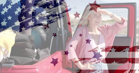 caucasian woman in casual clothing gets out of red jeep near the beach. usa flag and stars overlay convey themes of patriotism, celebration, and freedom. useful for fourth of july promotions, patriotic campaigns, and travel advertisements.