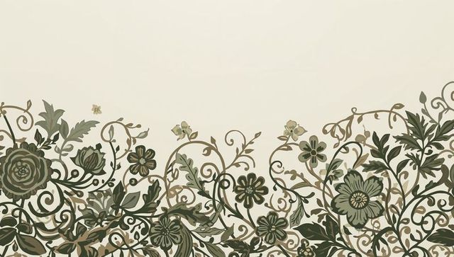 Vintage botanical filigree border rising on cream canvas with vines, flowers, scrollwork