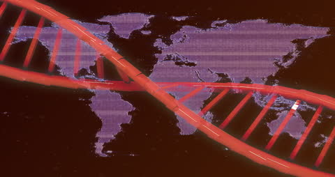 DNA Strand Overlaying World Map with Data Processing Effects