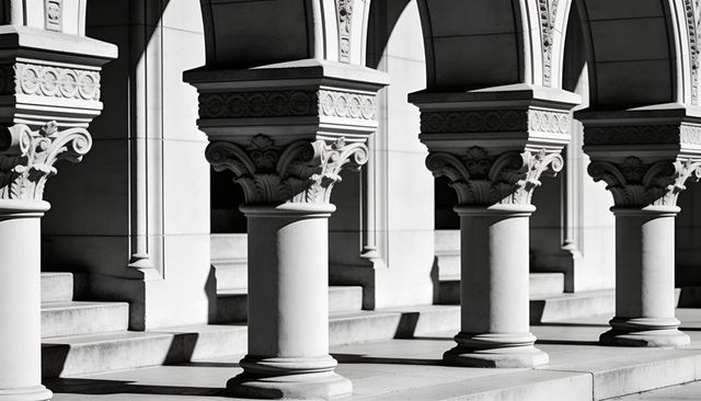 Monochrome neoclassical colonnade with corinthian capitals and dramatic shadow patterns