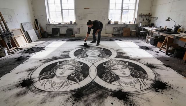 Artist creating large-scale charcoal triptych portraits on sunlit studio floor with powder brush