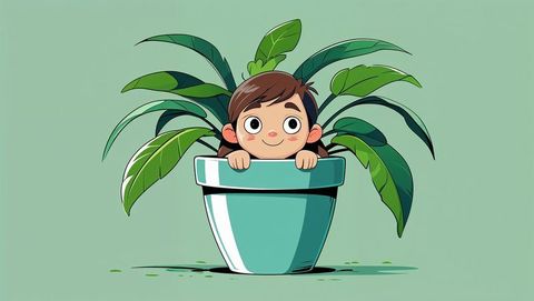 Whimsical boy peeking innocently from plant pot with heartwarming curiosity - shy concept
