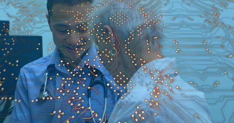 Doctor Using Medical Technology with Circuit Overlay