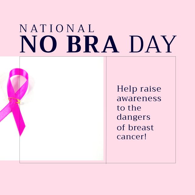 Poster for promoting National No Bra Day, designed to raise awareness about the dangers of breast cancer. Featuring a vibrant pink ribbon, ideal for healthcare campaigns, community events, and support groups aiming to highlight the importance of breast cancer awareness and prevention. Suitable for digital marketing, social media posts, and print materials.
