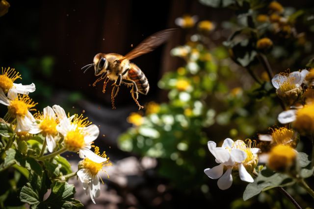 Close up of bee hovering by yellow and white flowers in sun, created using generative ai technology. Feeding, insects, nature, summer and wildlife concept digitally generated image.