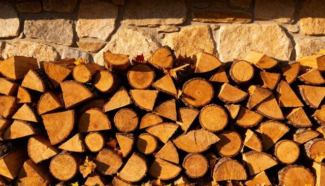 Sunlit firewood stacking against rustic stone wall with autumn leaves and golden shadows