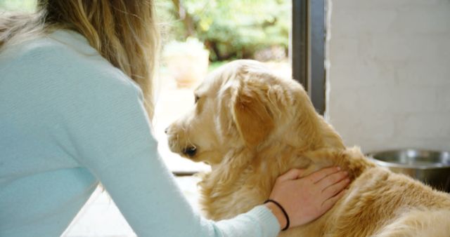 Caucasian female teenager petting her big dog with blond hair at home. Domestic life, pets, animals and care, unaltered.
