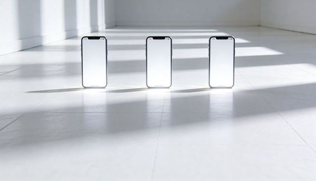 Three minimal smartphones standing in bright sunlight casting long shadows for tech mockup