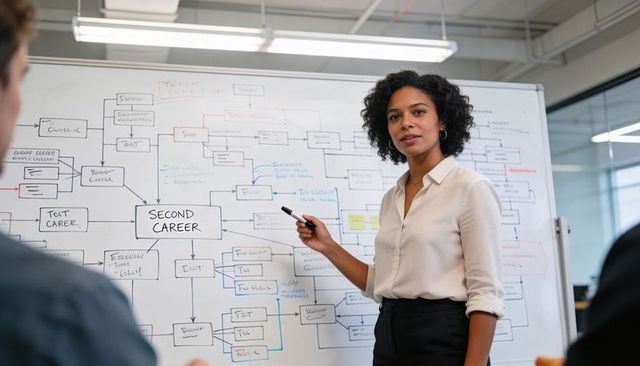 Presenting professional leading strategy workshop with detailed flowchart on whiteboard