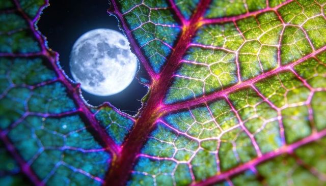 Moon peeking through backlit leaf veins in neon green and magenta macro nightscape