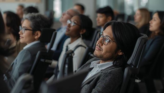 Attentive professional leaning back watching keynote presentation in corporate boardroom
