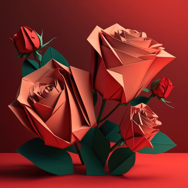 Origami red roses in bloom set against a vibrant red background, showcasing intricate paper craftsmanship. Suitable for use in promoting arts and crafts events, DIY tutorials, flower-themed greeting cards, and decorative print materials.