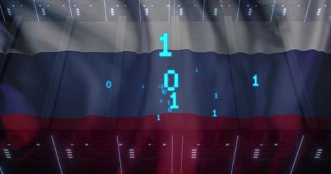 Streaming binary column over tricolor band between server racks signaling cyber alert