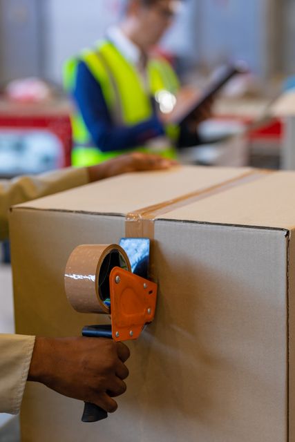 Cropped hands of african american young male worker packaging cardboard box with adhesive tape. unaltered, warehouse, logistics and shipping occupation.