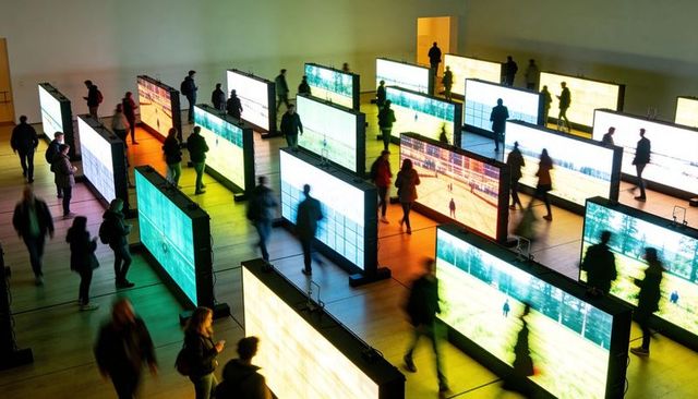 Immersive LED Display Exhibition with Visitors Walking Through Colorful Panels