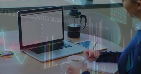 Businesswoman Analyzing Stock Market Data on Laptop with Coffee