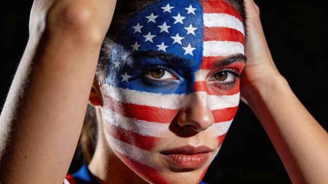 Woman wearing american flag face paint, holding hair, staring intensely