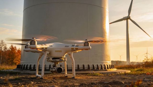 Drone launching for wind turbine inspection at golden hour with camera gimbal, rotor blur