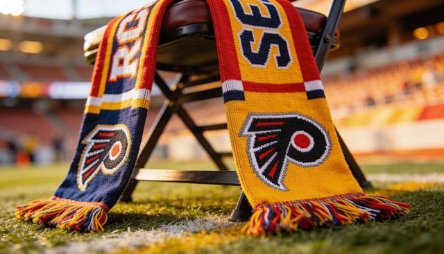 Draping knit team scarves with bold logos over chair on stadium turf, golden hour