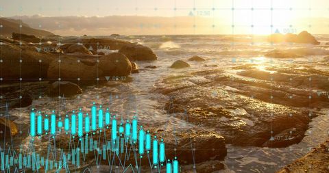 Digital Interface Data Processing on Ocean Sunset Background