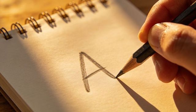 Writing Letter A with Pencil on Spiral Notebook in Warm Golden Light