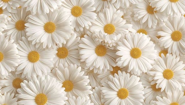 White daisy close-up flat-lay highlighting yellow centers and petal texture
