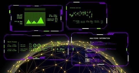 Futuristic hud visualizing global network with glowing nodes and analytics dashboard