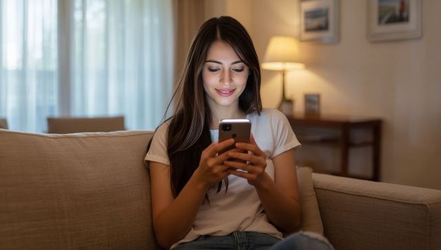 Relaxed Woman Browsing Smartphone Seated Comfortably on Sofa