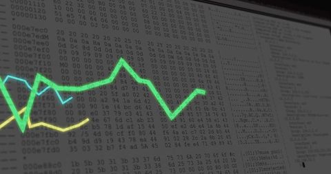 Neon data visualization overlaying hex dump terminal displaying analytics lines