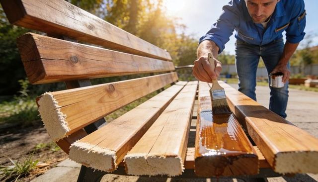 Handyman staining wooden park bench with varnish in golden sunlight, woodgrain detail